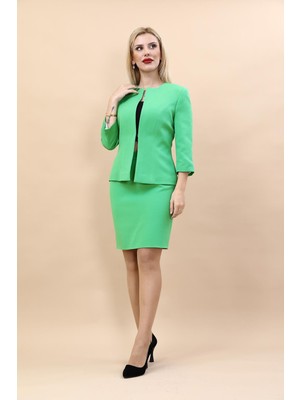 Önder Özsoy Sıfır Yaka Düz Kısa Ceket & Yırtmaçlı Düz Dar Etek-Yeşil