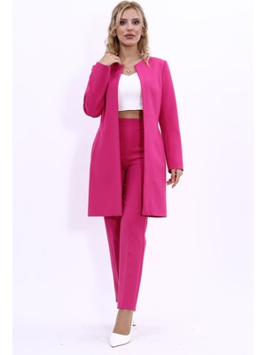 Önder Özsoy Sıfır Yaka Düz Uzun Ceket & Dar Paça Pantolon-Fuşya