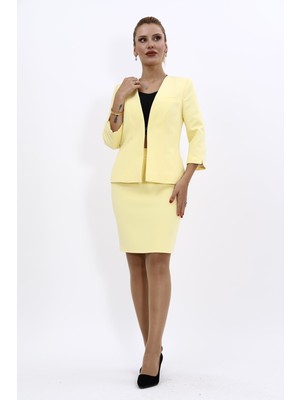 Önder Özsoy V Yaka Boydan Kuplu Kısa Ceket & Yırtmaçlı Düz Dar Etek-Sarı