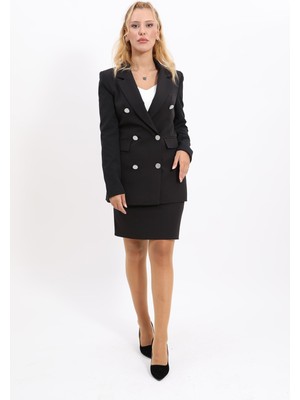 Önder Özsoy Erkek Yaka Kuruvaze Blazer Ceket & Yırtmaçlı Düz Dar Etek-Siyah