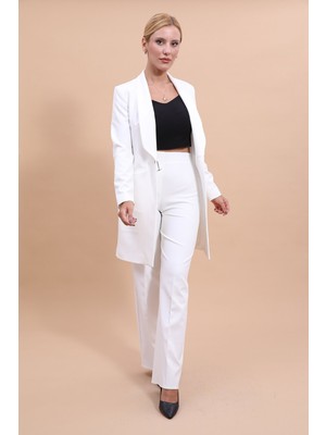 Önder Özsoy Şal Yaka Cepli Uzun Ceket & Bol Paça Pantolon-Beyaz