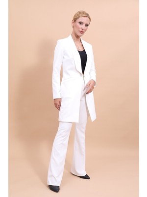 Önder Özsoy Şal Yaka Cepli Uzun Ceket & İspanyol Paça Pantolon-Beyaz