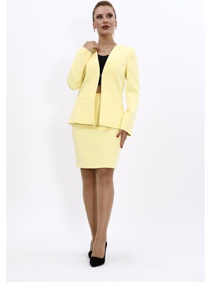 Önder Özsoy V Yaka Boydan Kuplu Kılasik Ceket & Yırtmaçlı Düz Dar Etek-Sarı
