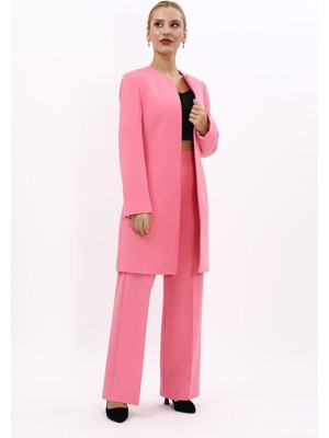 Önder Özsoy Sıfır Yaka Düz Uzun Ceket & Bol Paça Pantolon-Pembe