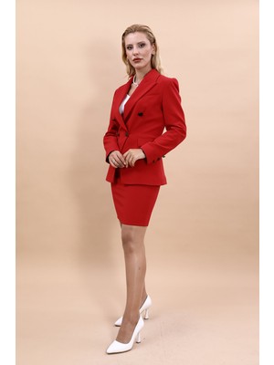 Önder Özsoy Erkek Yaka  Çapraz Ceket & Yırtmaçlı Düz Dar Etek-Kırmızı