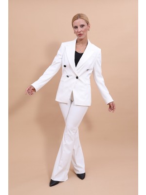 Önder Özsoy Erkek Yaka  Çapraz Ceket & İspanyol Paça Pantolon-Beyaz