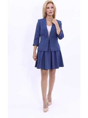 Önder Özsoy V Yaka Boydan Kuplu Kısa Ceket & Kısa Kloş Etek-İndigo