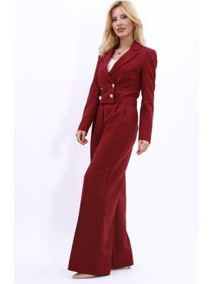 Önder Özsoy Erkek Yaka Kuruvaze Kısa Ceket & Korsaj Kemer Yüksek Bel Palazzo Pantolon-Bordo