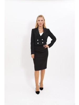 Önder Özsoy Erkek Yaka Kuruvaze Kısa Ceket & Düz Dar Etek-Siyah