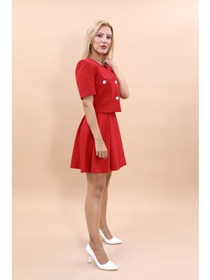 Önder Özsoy V Yaka  Kısa Ceket & Kısa Kloş Etek-Kırmızı