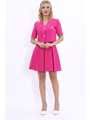 Önder Özsoy V Yaka  Kısa Ceket & Kısa Kloş Etek-Fuşya