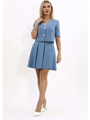 Önder Özsoy V Yaka  Kısa Ceket & Kısa Kloş Etek-Deniz