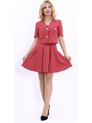 Önder Özsoy V Yaka  Kısa Ceket & Kısa Kloş Etek-Kiremit