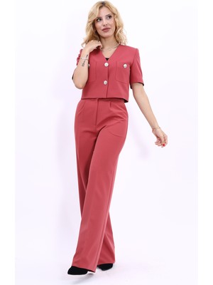 Önder Özsoy V Yaka  Kısa Ceket &  Korsaj Kemer Palazzo Pantolon-Kiremit