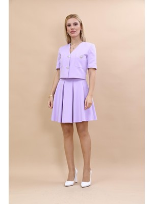 Önder Özsoy V Yaka  Kısa Ceket & Kısa Kloş Etek-Menekşe