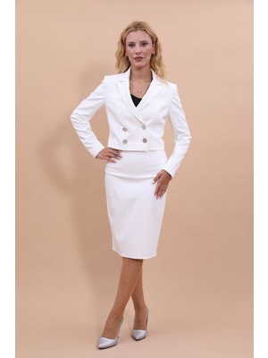 Önder Özsoy Erkek Yaka Kuruvaze Kısa Ceket & Düz Dar Etek-Beyaz