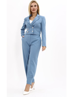 Önder Özsoy  Mini Blazer Ceket & Yüksek Bel Bol Paça Pantolon Takım-Deniz
