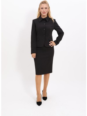 Önder Özsoy Gömlek Yaka Klasik Ceket &  Düz Dar Etek-Siyah