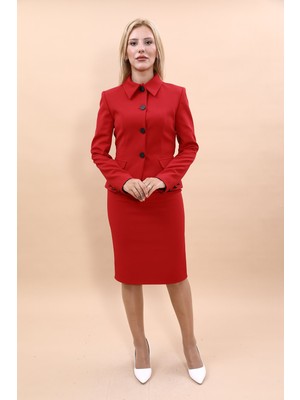 Önder Özsoy Gömlek Yaka Klasik Ceket &  Düz Dar Etek-Kırmızı