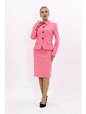 Önder Özsoy Gömlek Yaka Klasik Ceket &  Düz Dar Etek-Pembe