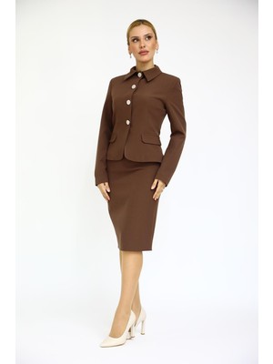 Önder Özsoy Gömlek Yaka Klasik Ceket &  Düz Dar Etek-Kestane