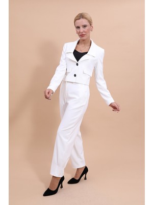 Önder Özsoy Gömlek Yaka Kısa Ceket &  Paçası Pileli Pantolon-Beyaz