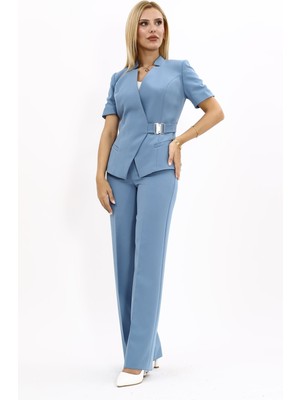 Önder Özsoy Hakim Yaka Yandan Tokalı Çapraz Ceket & Bol Paça Pantolon-Deniz