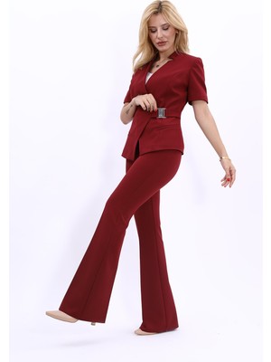 Önder Özsoy Hakim Yaka Yandan Tokalı Çapraz Ceket & İspanyol Paça Pantolon-Bordo