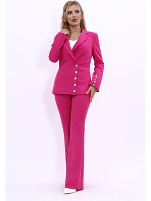 Önder Özsoy Erkek Yaka Düğme Detaylı Ceket & İspanyol Paça Pantolon-Fuşya