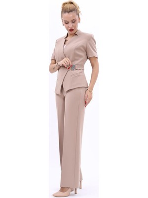 Önder Özsoy Hakim Yaka Yandan Tokalı Çapraz Ceket & Bol Paça Pantolon-Taş