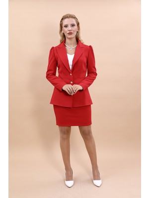 Önder Özsoy Erkek Yaka Kolu Büzgülü Ceket & Yırtmaçlı Düz Dar Etek-Kırmızı