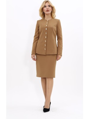 Önder Özsoy Sıfır Yaka Boydan Düğmeli Ceket & Düz Dar Etek-Camel