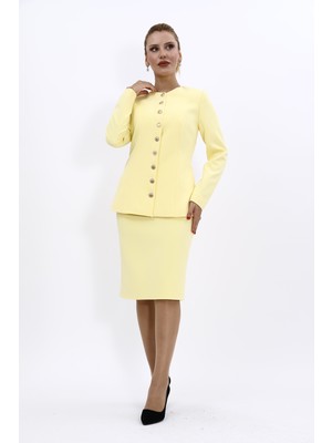 Önder Özsoy Sıfır Yaka Boydan Düğmeli Ceket & Düz Dar Etek-Sarı