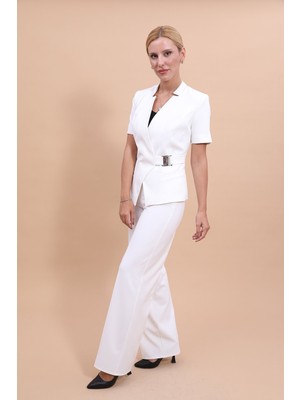 Önder Özsoy Hakim Yaka Yandan Tokalı Çapraz Ceket & Bol Paça Pantolon-Beyaz
