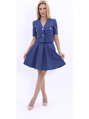 Önder Özsoy V Yaka  Kısa Ceket & Kısa Kloş Etek-İndigo