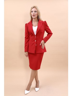 Önder Özsoy Erkek Yaka Kolu Büzgülü Ceket &  Düz Dar Etek-Kırmızı