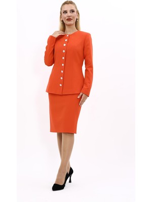 Önder Özsoy Sıfır Yaka Boydan Düğmeli Ceket & Düz Dar Etek-Turuncu