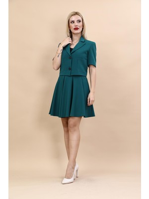 Önder Özsoy V Yaka  Kısa Ceket & Kısa Kloş Etek-Petrol