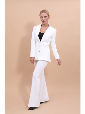 Önder Özsoy Erkek Yaka Kolu Büzgülü Ceket & İspanyol Paça Pantolon-Beyaz