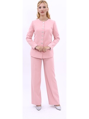 Önder Özsoy Sıfır Yaka Boydan Düğmeli Ceket & Bol Paça Pantolon-Pudra