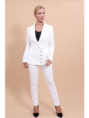 Önder Özsoy Erkek Yaka Düğme Detaylı Ceket & Dar Paça Pantolon-Beyaz