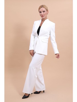 Önder Özsoy Kendinden Dik Yakalı Ceket & Bol Paça Pantolon-Beyaz