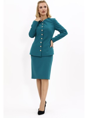 Önder Özsoy Sıfır Yaka Boydan Düğmeli Ceket & Düz Dar Etek-Petrol