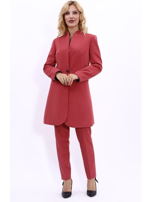 Önder Özsoy Kendinden Dik Yakalı Tek Düğmeli Uzun Ceket & Dar Paça Pantolon-Kiremit