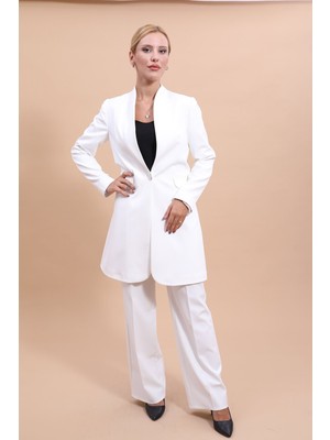 Önder Özsoy Kendinden Dik Yakalı Tek Düğmeli Uzun Ceket & Bol Paça Pantolon-Beyaz