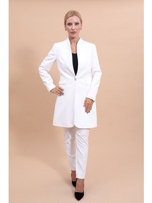 Önder Özsoy Kendinden Dik Yakalı Tek Düğmeli Uzun Ceket & Dar Paça Pantolon-Beyaz