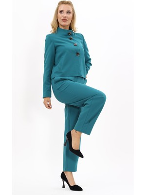 Önder Özsoy Oval Dik Yaka Kısa Ceket &  Paçası Pileli Pantolon-Petrol