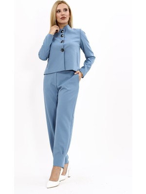 Önder Özsoy Oval Dik Yaka Kısa Ceket &  Paçası Pileli Pantolon-Deniz