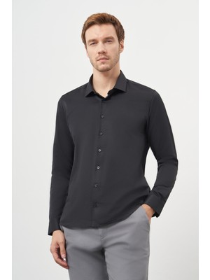 Morven  Erkek Siyah Basic Slim Fit Italyan Yaka Gömlek