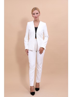 Önder Özsoy V Yaka Boydan Kuplu Kılasik Ceket & Dar Paça Pantolon-Beyaz